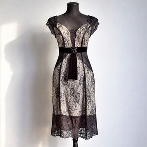 Vintage Black Lace Midi Dress | Velvet Waist Ribbon | Open Back Romantic Dress S